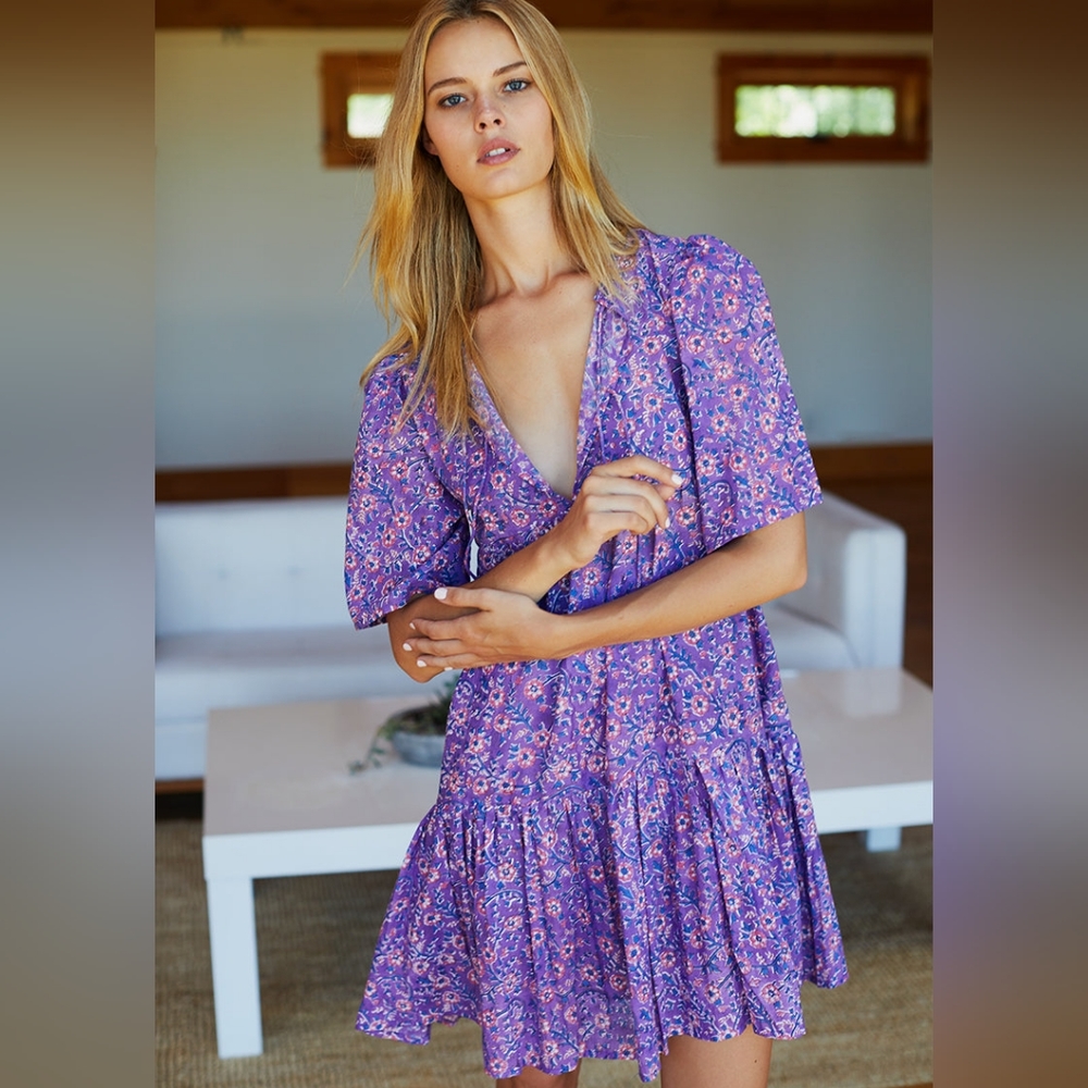 Emerson Fry India Collection flowy puff-sleeve Isla dress, Violet Wildflower